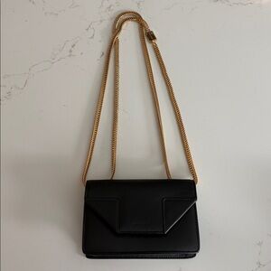 Saint Laurent Paris Black Leather Envelope Wallet Mini Crossbody Gold Chain.